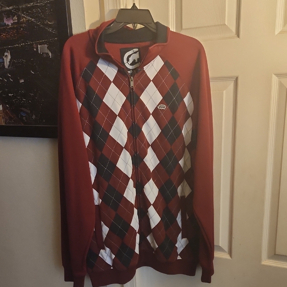 Red and Black Zip Up Sweater with Argyle Pattern